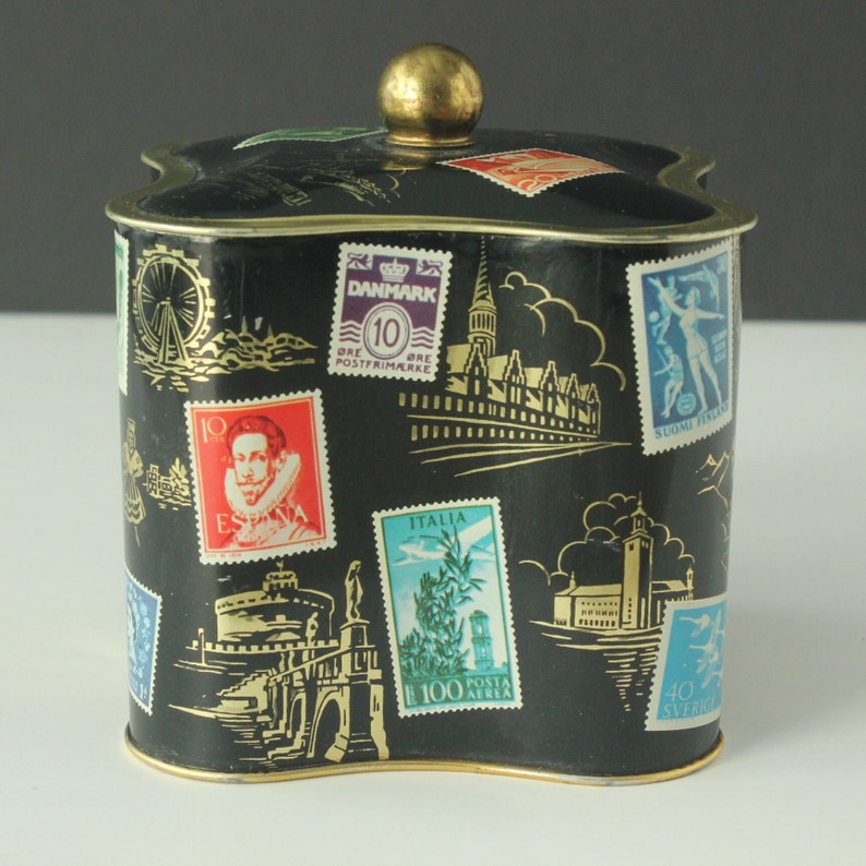 Vintage West Germany Quatrefoil Shaped Black European Travel Stamps Landmarks Tin Cannister image 2