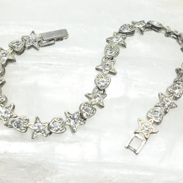 Vintage Stars And Hearts Clear Rhinestone Silver Plated Link Bracelet