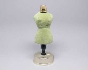 Vintage Japan Sage Green Velvert Miniature Dress Form Pin Cushion On Measuring Tape Base With Thimble
