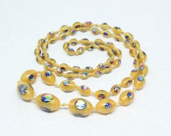 Antique Art Deco Peacock Eye Rainbow Foil Czech Glass Beads Long 1920s Necklace Graduated Size Honey Yellow Beads Hand Knotted