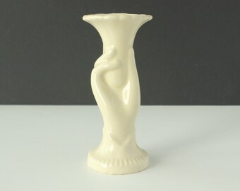 Vintage Shawnee Pottery Cream Color Ceramic Lady's Hand Holding A Trumpet Flower Vase