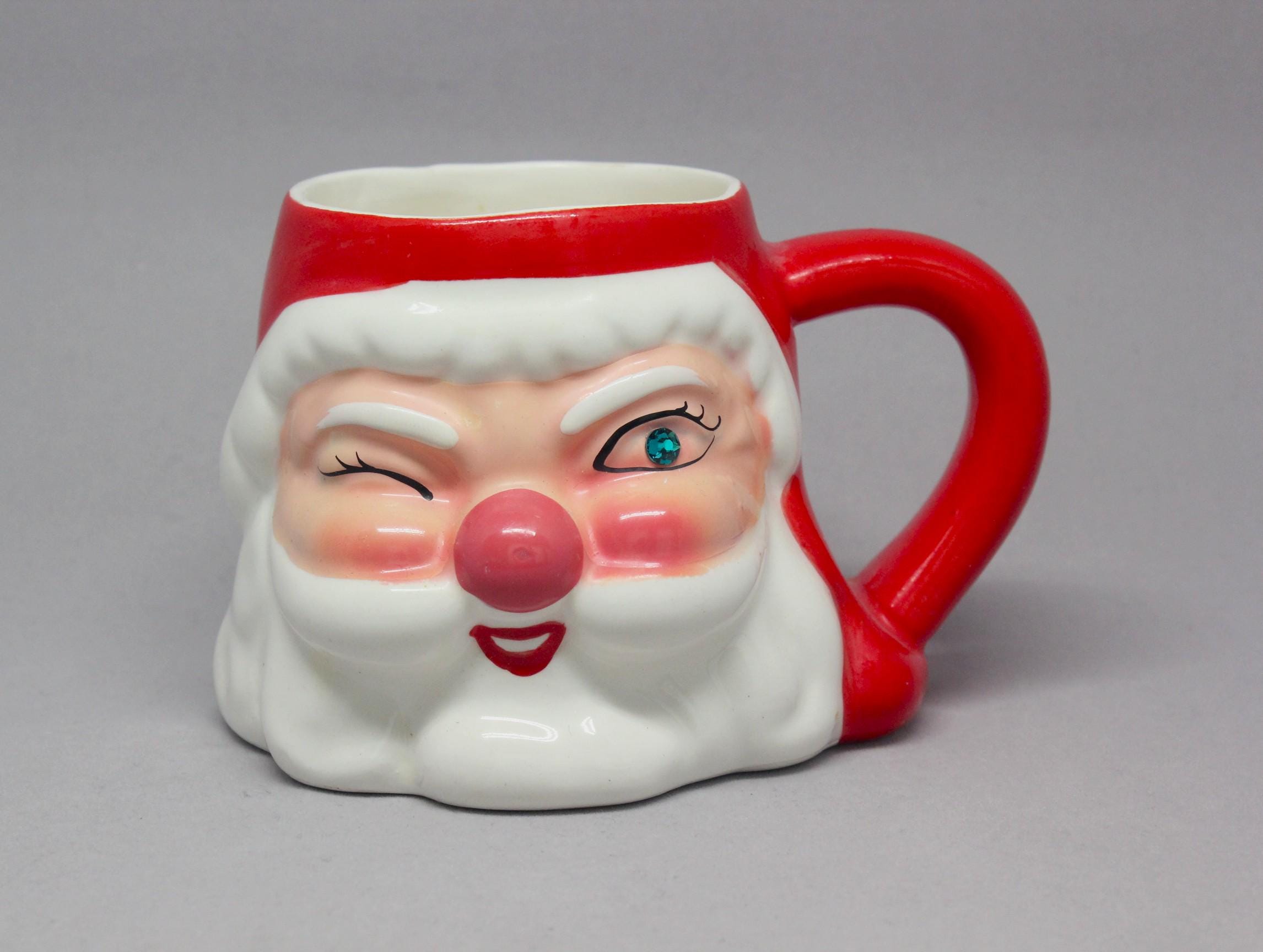 Vintage Holt Howard Winking Santa Claus Mug Green Jeweled Eye Red