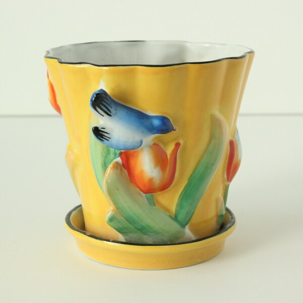 Vintage Goldcastle Japan Hand Painted Porcelain 3D Tulip Flowers And Bluebird Planter Pot With Attached Saucer Yellow Orange Blue Green