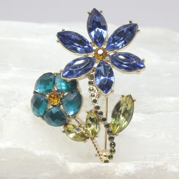 Vintage Napier Blue Teal Flowers Brooch Pin Gold Tone