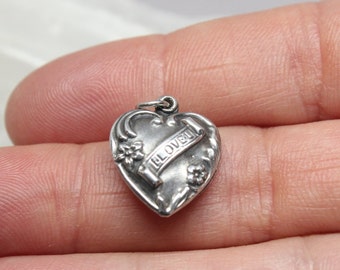 Antique Sterling Silver Repousse Puffy Heart "I Love U" Floral Charm