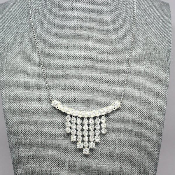 Vintage 1930s Art Deco Paste Clear Rhinestone Silver Pot Metal Fringe Dangle Waterfall Necklace