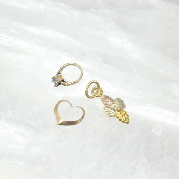 Vintage Set Of Three 14K And 12K Gold Charms Tri-Color Gold leaves And Grapes, Tiny Gold Ring With Blue Stone, Floating Heart