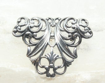 Antique Art Nouveau Sterling Silver Domed Filigree Foliate Brooch Pin