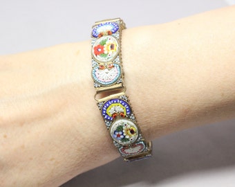 Vintage Italian Micro Mosaic Glass And Brass Floral Panel bracelet
