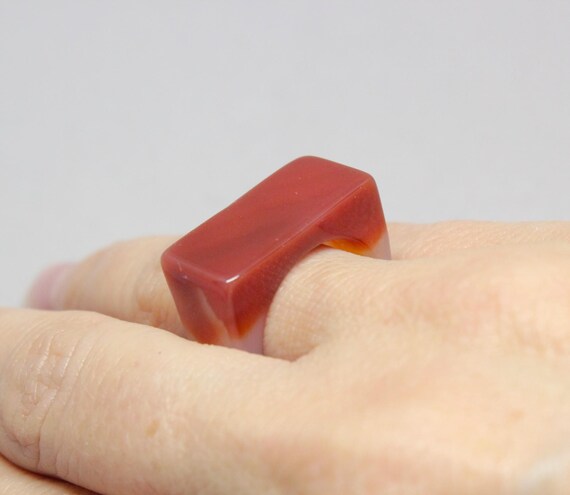 Carved Carnelian Stone Rectangular Ring Size 8 - image 2