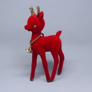 Vintage 1960s Kitsch Red Flocked Big-Eyed Reindeer Soft Plastic Christmas Ornament Figurine Gold Glitter Antlers Bell