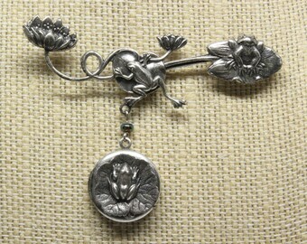 Vintage Art Nouveau Revival Frog and Lilypad Locket Brooch Pin Silver Tone