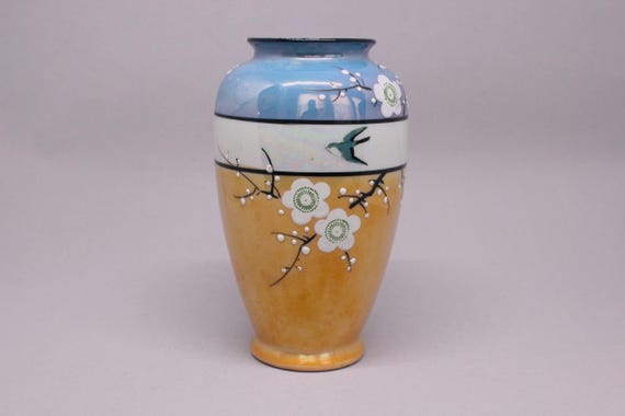Vintage Japan Porcelain Blue Orange Lusterware Vase Hand