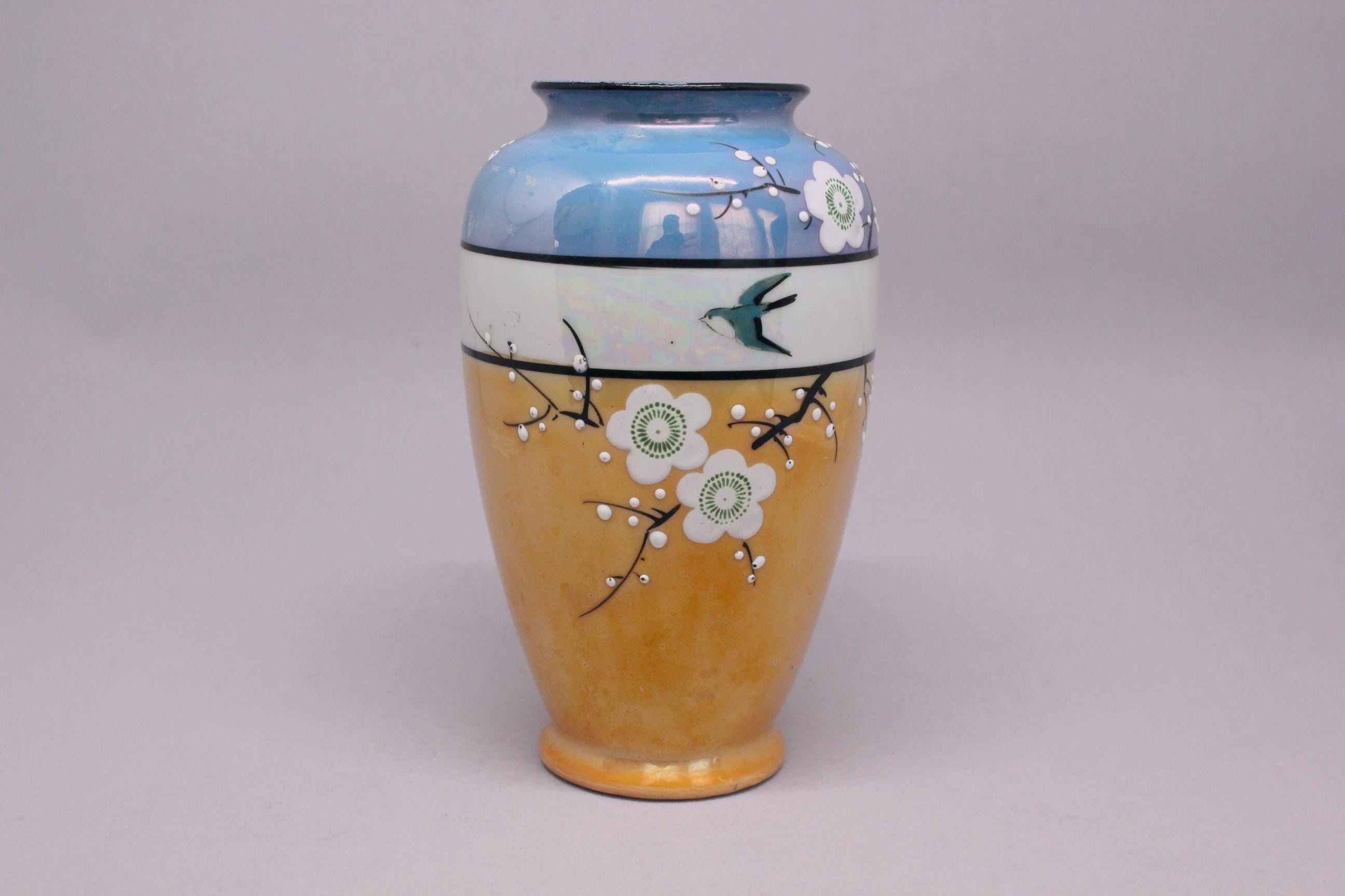 Vintage Japan Porcelain Blue Orange Lusterware Vase Hand