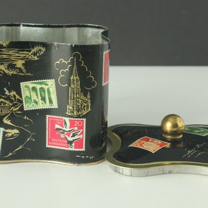 Vintage West Germany Quatrefoil Shaped Black European Travel Stamps Landmarks Tin Cannister image 3