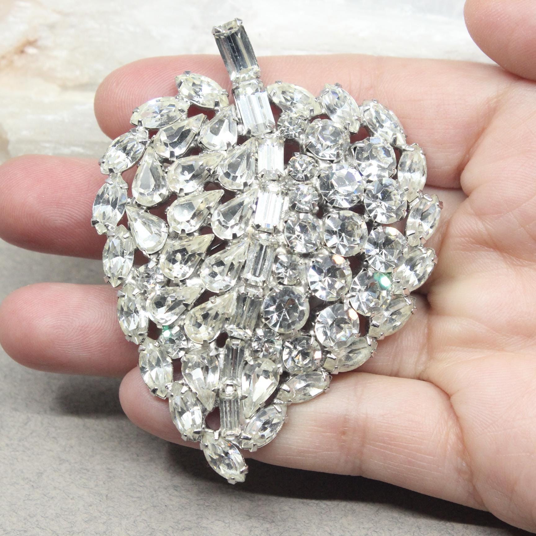 Vintage Large Clear Rhinestone Leaf Brooch Baguette and