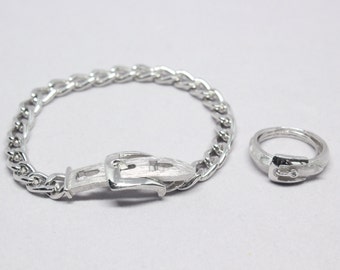 Vintage Buckle Chain Bracelet And Band Ring Set Textured And Shiny Silver Tone Metal By Avon