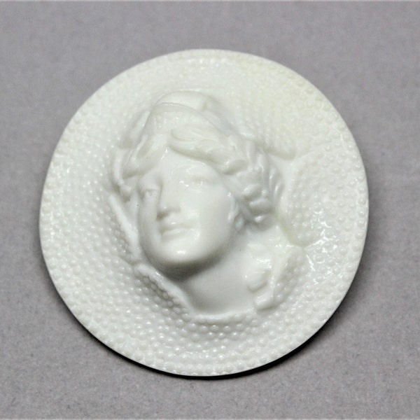 RARE Antique Art Nouveau White Molded Celluloid 3-D High Relief Lady Head Cameo Goddess Barber Dime Style Brooch Pin