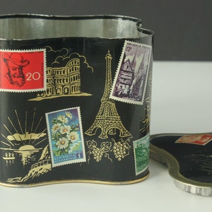 Vintage West Germany Quatrefoil Shaped Black European Travel Stamps Landmarks Tin Cannister image 4