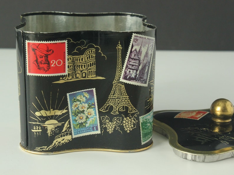 Vintage West Germany Quatrefoil Shaped Black European Travel Stamps Landmarks Tin Cannister image 4