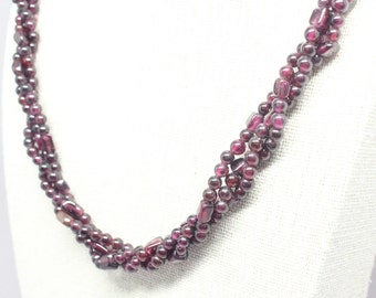 Vintage Three Strand Garnet Beads Long Torsade Style Necklace