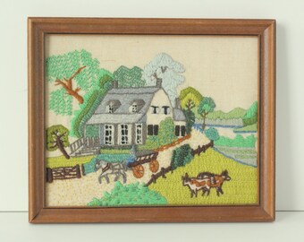 Vintage Handmade Erica Wilson Farmhouse In Spring Scene Crewel Framed Wall Art