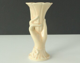 Vintage Shawnee Pottery Peach Ceramic Lady's Hand Holding Trumpet Flower Vase