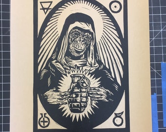 Monkey Mother (Jocko Homo) signed linoleum block print Devo Devolution Chimp Punk