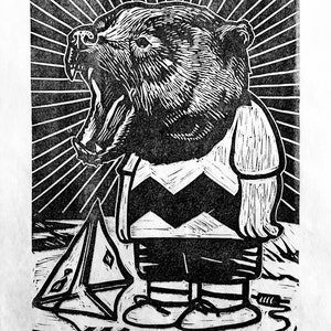 May include: Black and white woodcut print of a bear wearing a striped shirt and shorts, standing with a paper airplane on the ground. The bear has a large, open mouth and appears to be yelling.