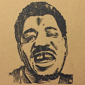 Wesley Willis linoleum block print by Charles State rock over London rock on Chicago