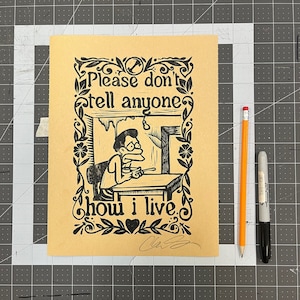 Please don’t tell anyone how I live Lenny the simpsons linoleum block print signed