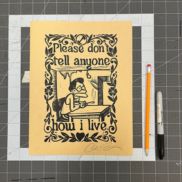 Please don’t tell anyone how I live Lenny the simpsons linoleum block print signed