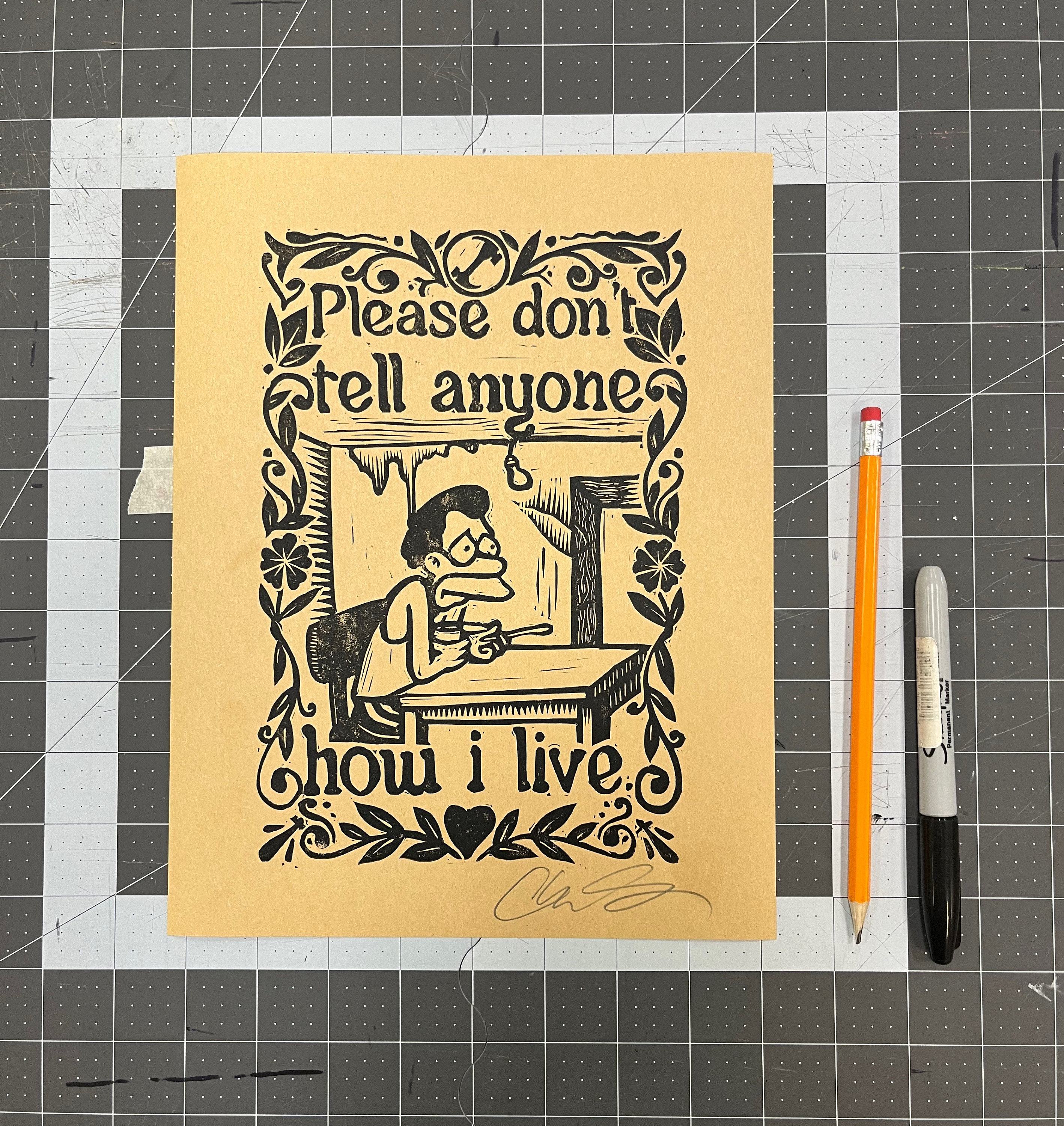 Please don’t tell anyone how I live Lenny the simpsons linoleum block print signed