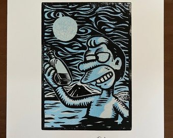 Lenny “alcohol and Nightswimming, a winning combination“ the Simpsons hand pulled linoleum block print, signed by the artist