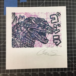 Godzilla linoleum block print signed. Only a few made