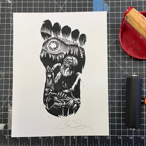 Bigfoot Sasquatch scimmia puzzola firmata stampa a blocchi di linoleum
