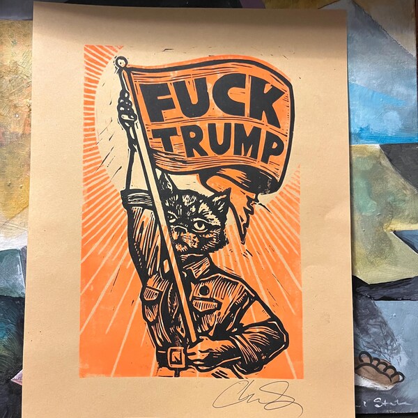 Fuck Trump signed limited lino print inky 100 made resist impeach itmfa