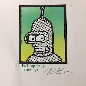 Linoleumblokdruk Futurama Bender met handgedrukt citaat, origineel gesigneerd