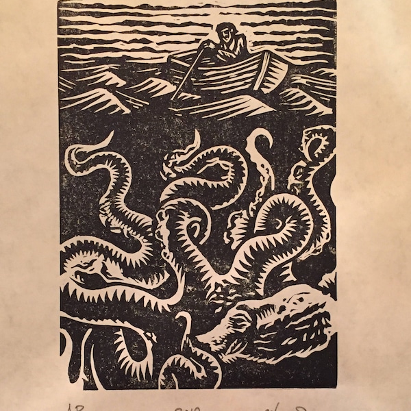 Octopus and fisherman linoleum block print signed by the artist