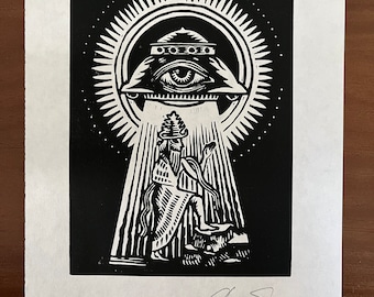 Ancient aliens UFO human creation hand pulled block print signed by the artist