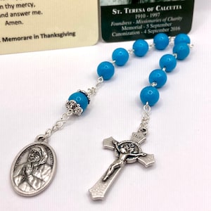 Santa Teresa de Calcuta "Novena Voladora" Coronilla con Tarjeta Santa Laminada e Instrucciones (Patrona de las Misioneras de la Caridad)
