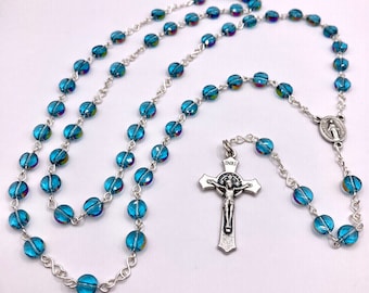Clear Shiny Aqua Glass Bead Rosary with Miraculous Medal and St. Benedict Crucifix
