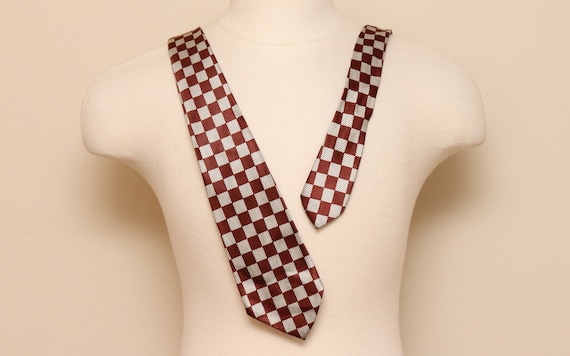 Vintage 1940-50s brown and cream check black diag… - image 1