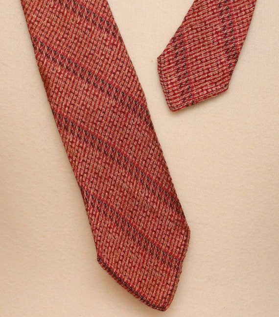 Vintage red, black, tan stripe textured necktie - image 2