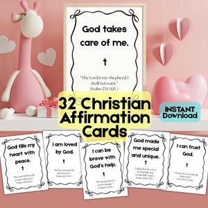 May include: A display of Christian affirmation cards with various inspirational messages, including "God takes care of me." The cards are accompanied by a pink giraffe plush, heart-shaped decorations, and the text "Instant Download."