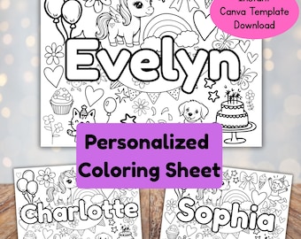 Pagina da colorare personalizzata per compleanno per ragazze / Foglio da colorare con nome modificabile / Modello Canva stampabile