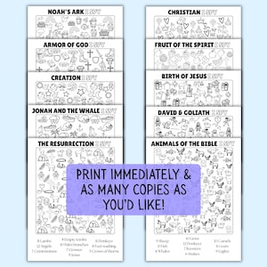 May include: A collection of ten printable I Spy activity sheets featuring black and white line art illustrations with biblical themes including Noah's Ark, Armor of God, Creation, Jonah and the Whale, The Resurrection, Christian, Fruit of the Spirit, Birth of Jesus, David and Goliath, and Animals of the Bible.