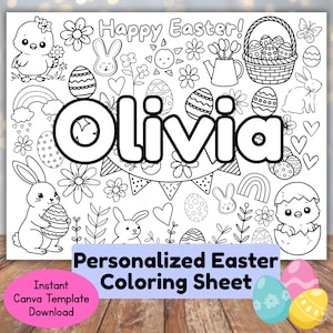 Personalized Easter Coloring Page Editable Name Coloring Sheet Canva Template Printable Easter Basket Filler Easter Party Coloring Sheet