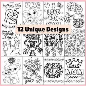 May include: A collection of 12 unique black and white Mother's Day designs. The designs include illustrations of mothers with children, flowers, hearts, and text such as "I Love You Mom" and "Best Mom Ever".