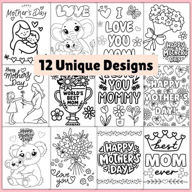 May include: A collection of 12 unique black and white Mother's Day designs. The designs include illustrations of mothers with children, flowers, hearts, and text such as "I Love You Mom" and "Best Mom Ever".